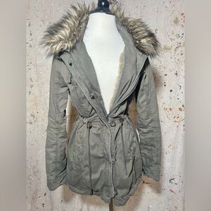 VTG 2000s Y2K ABERCROMBIE & FITCH FUR SHERPA GRAY OLIVE MILITARY JACKET M